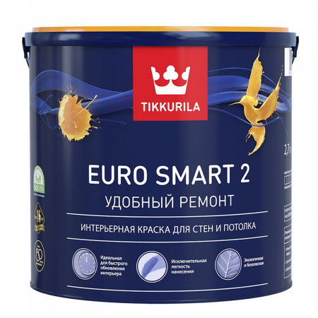 Интерьерная краска Euro Smart 2 Tikkurila белый цвет 2,7 л